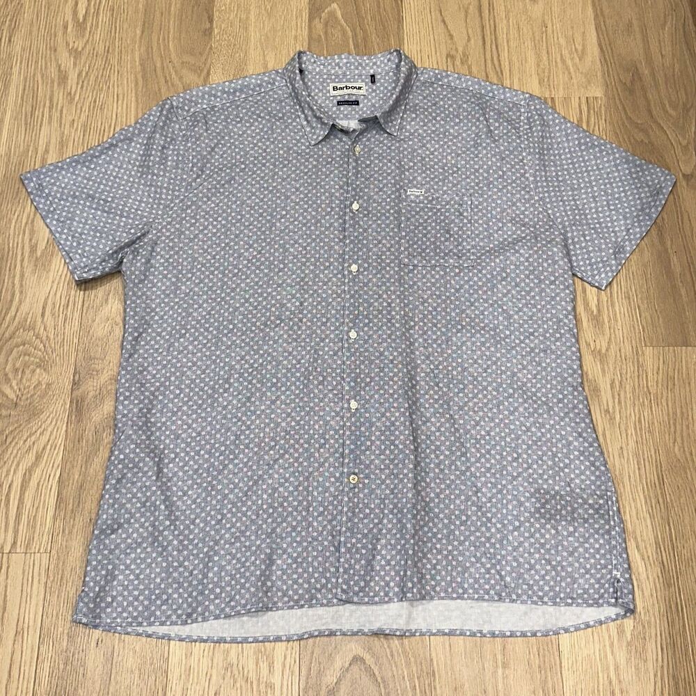 Barbour Mens Blue Spot Summer Fit Short Sleeve Linen Blend Shirt XXL